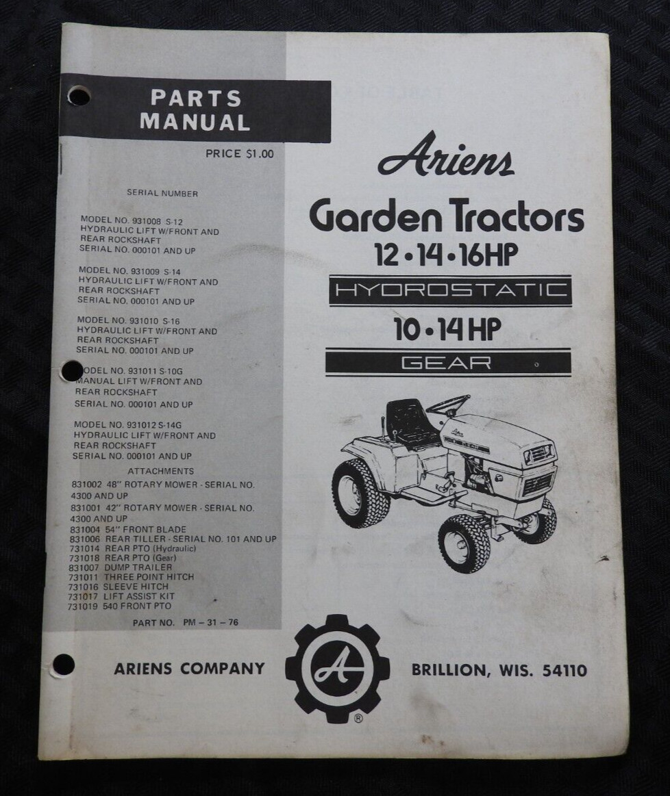 1976-1979 ARIENS S-12 S-14 S-16 LAWN TRACTOR PARTS CATALOG MANUAL HYDRO & GEAR