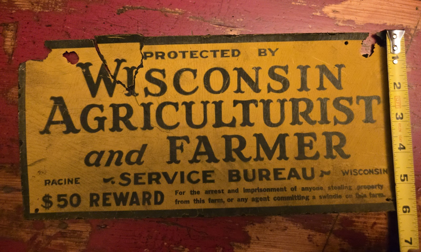 Vintage Cardboard Wisconsin Agriculturalist Farmer Service Bureau Sign Racine WI