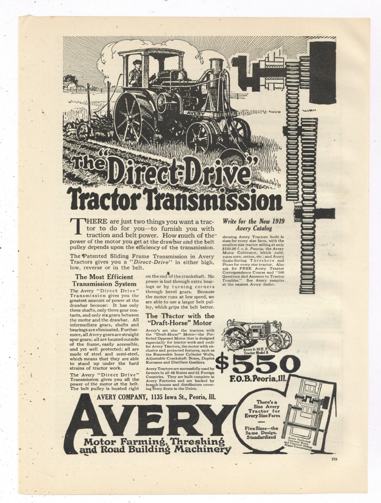1919 Avery Co. Ad: Model B Tractor – Direct Drive Tractor Transmission – Peoria