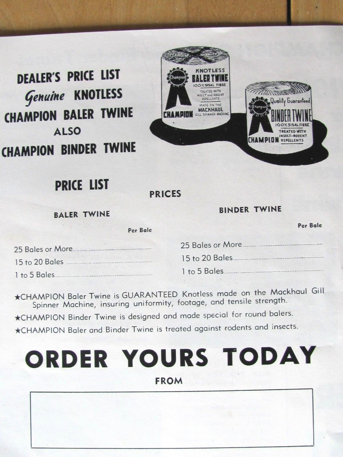 1950&rsquo;S DEALER ADVERTISING PLATE CHAMPION BALER TWINE STONE CORDAGE CHARITON IA