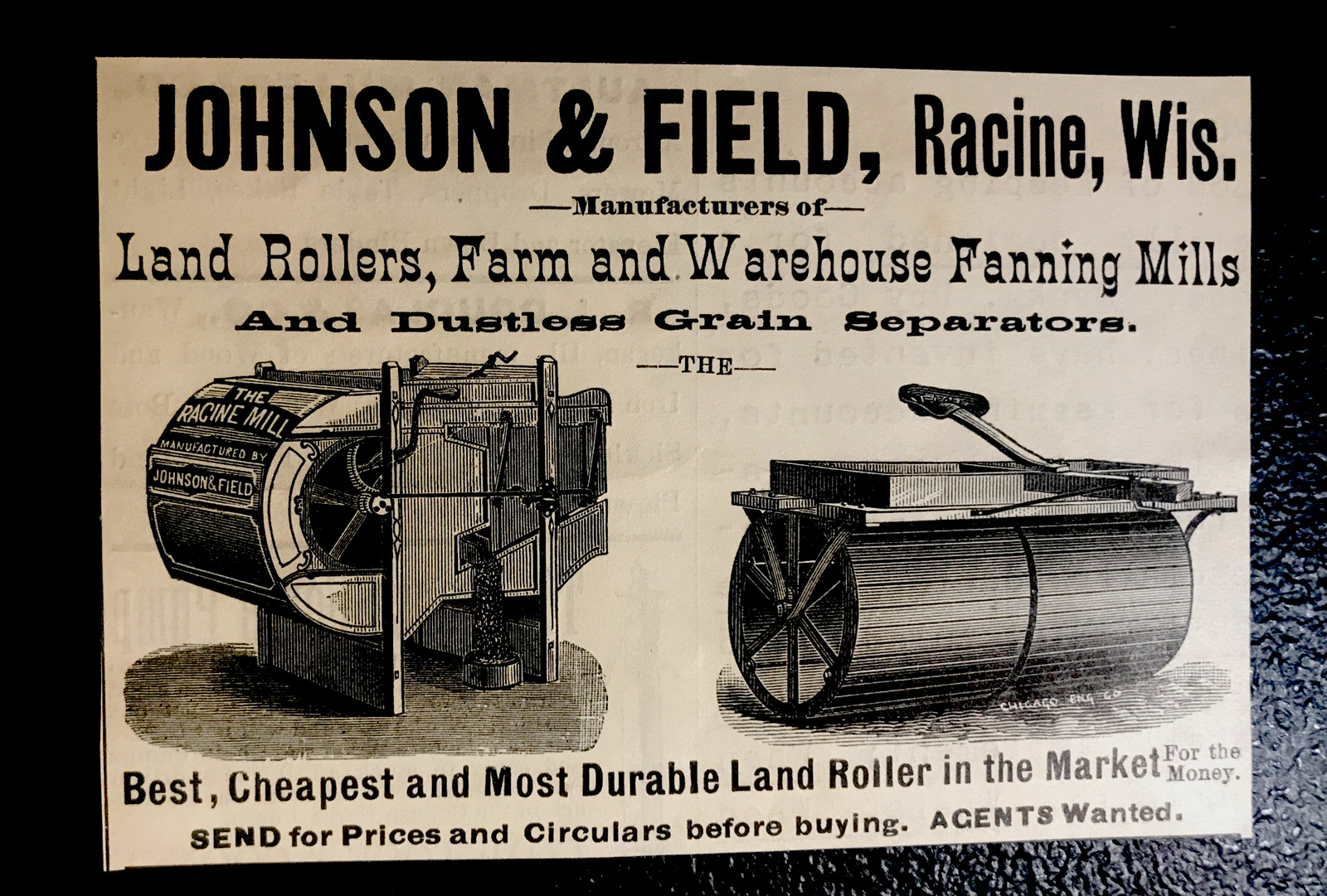 1886 Johnson & Field Mills Farm Engraving Advertising – Racine – Wisconsin