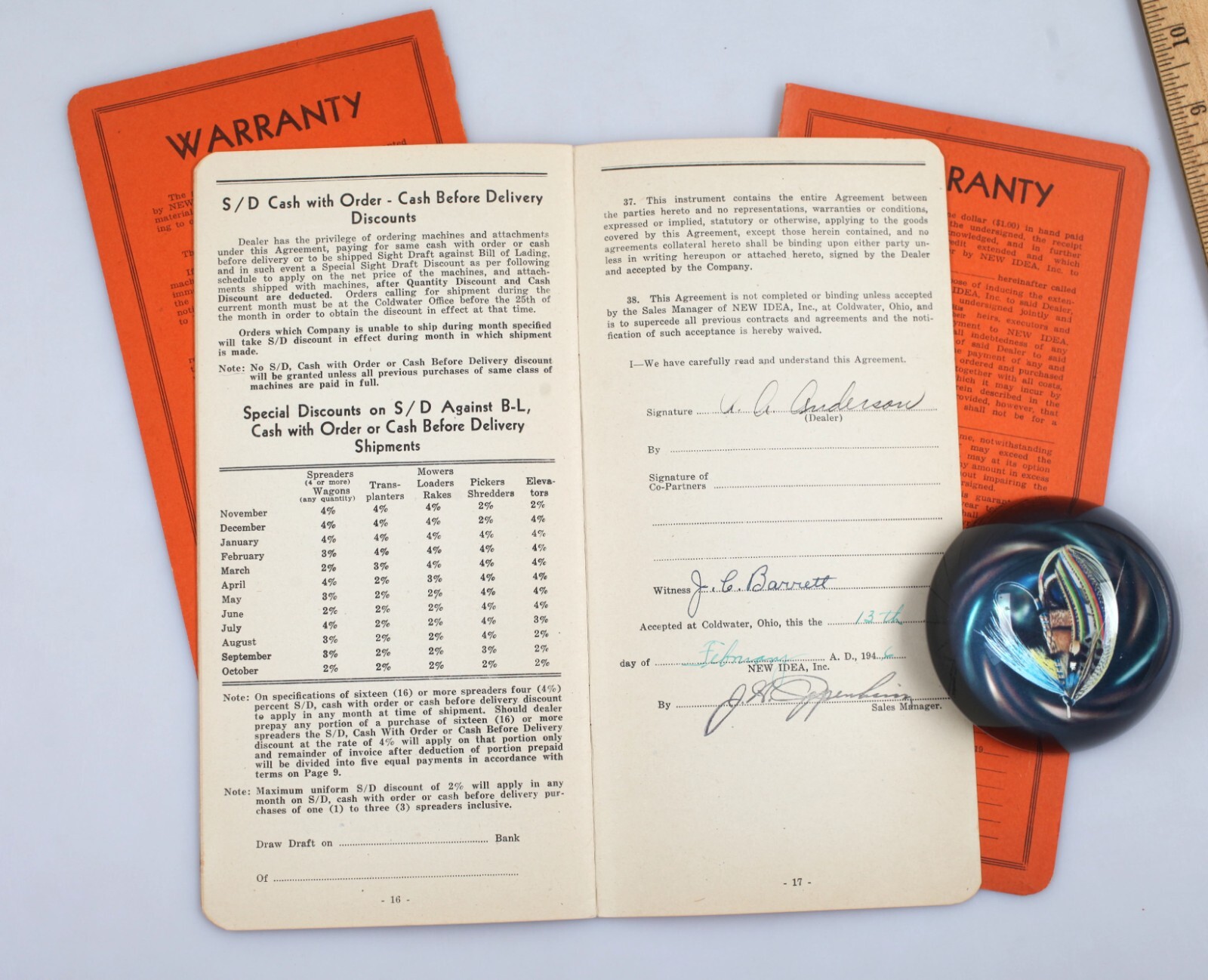 Vintage 1946 New Idea Farm Equipment Sales Contract Harvard Illinois