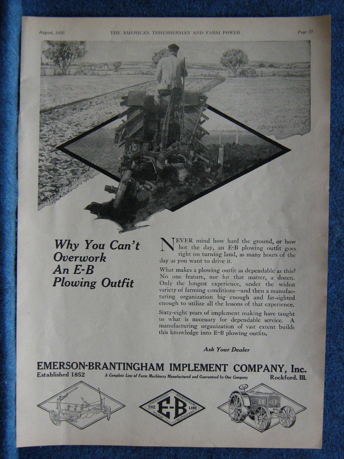 1920 Emerson-Brantingham Implements Ad – Plowing Outfit Tractor Shown- Rockford