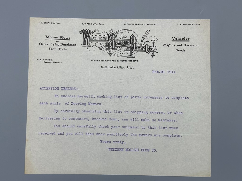 1911 WESTERN MOLINE PLOW Co FARM Advertising SALT LAKE CITY Utah Letter Antique