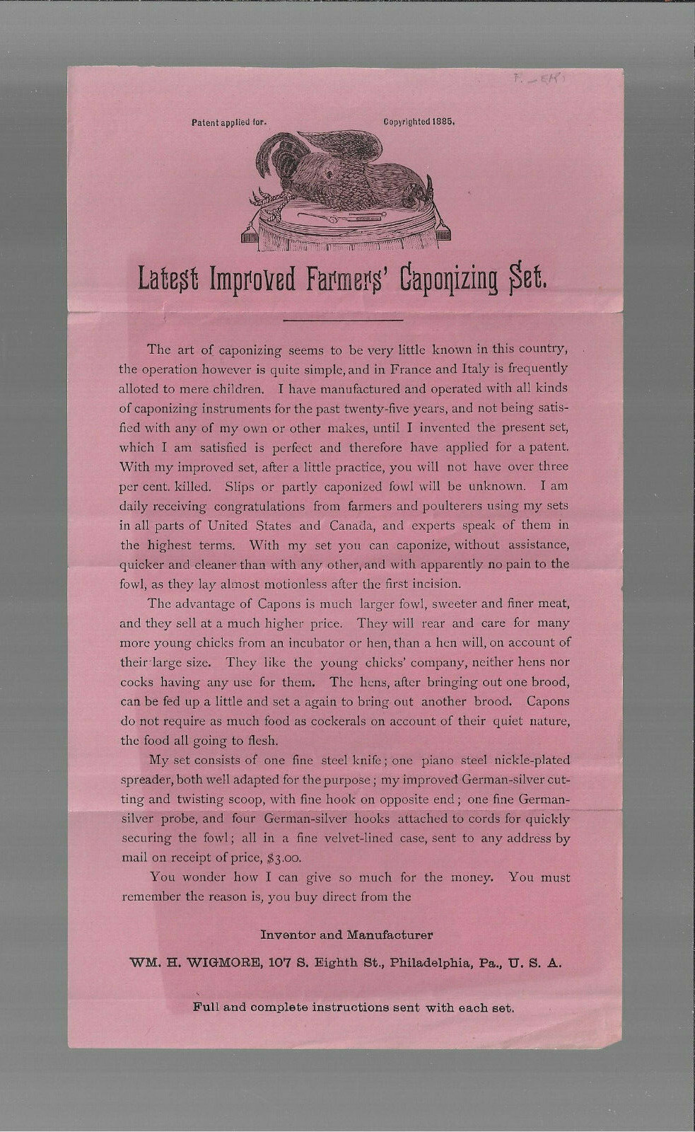 VINTAGE PAPER FLYER Wm WIGMORE FARMERS CAPONIZING SET INVENTION 1885 Phila PA