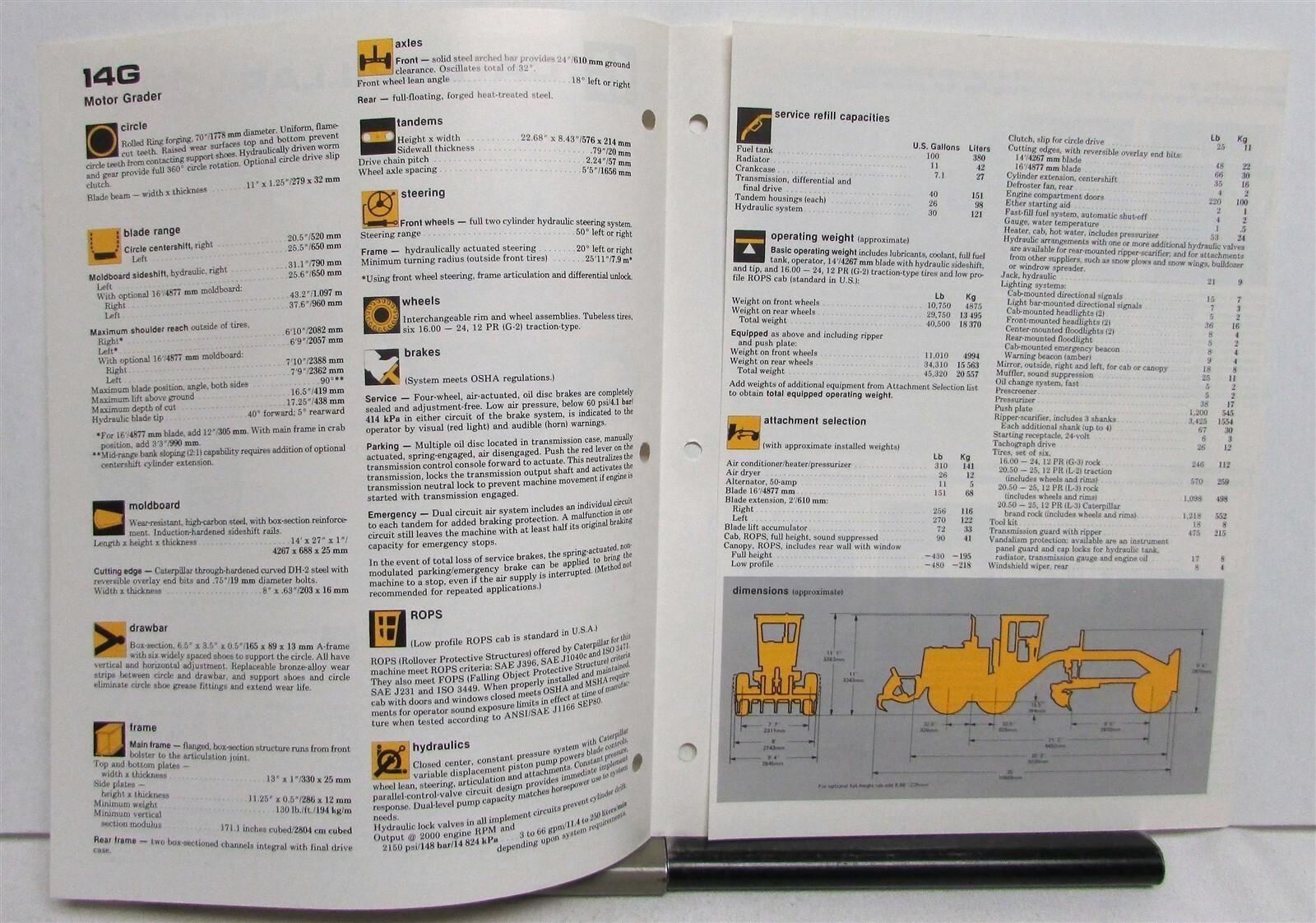 1984 CAT No 14G Road Motor Grader Construction Specifications Sales Tri-Folder