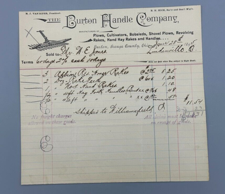 1895 BURTON Handle FARM Advertising GEAUGA COUNTY Ohio Bill Letterhead Antique