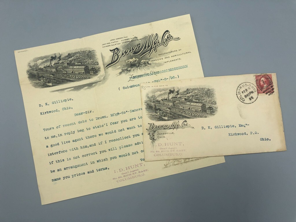 1896 BROWN Mfg WAGONS Plow FARM Illustrated Postal Cover Letterhead Advertising