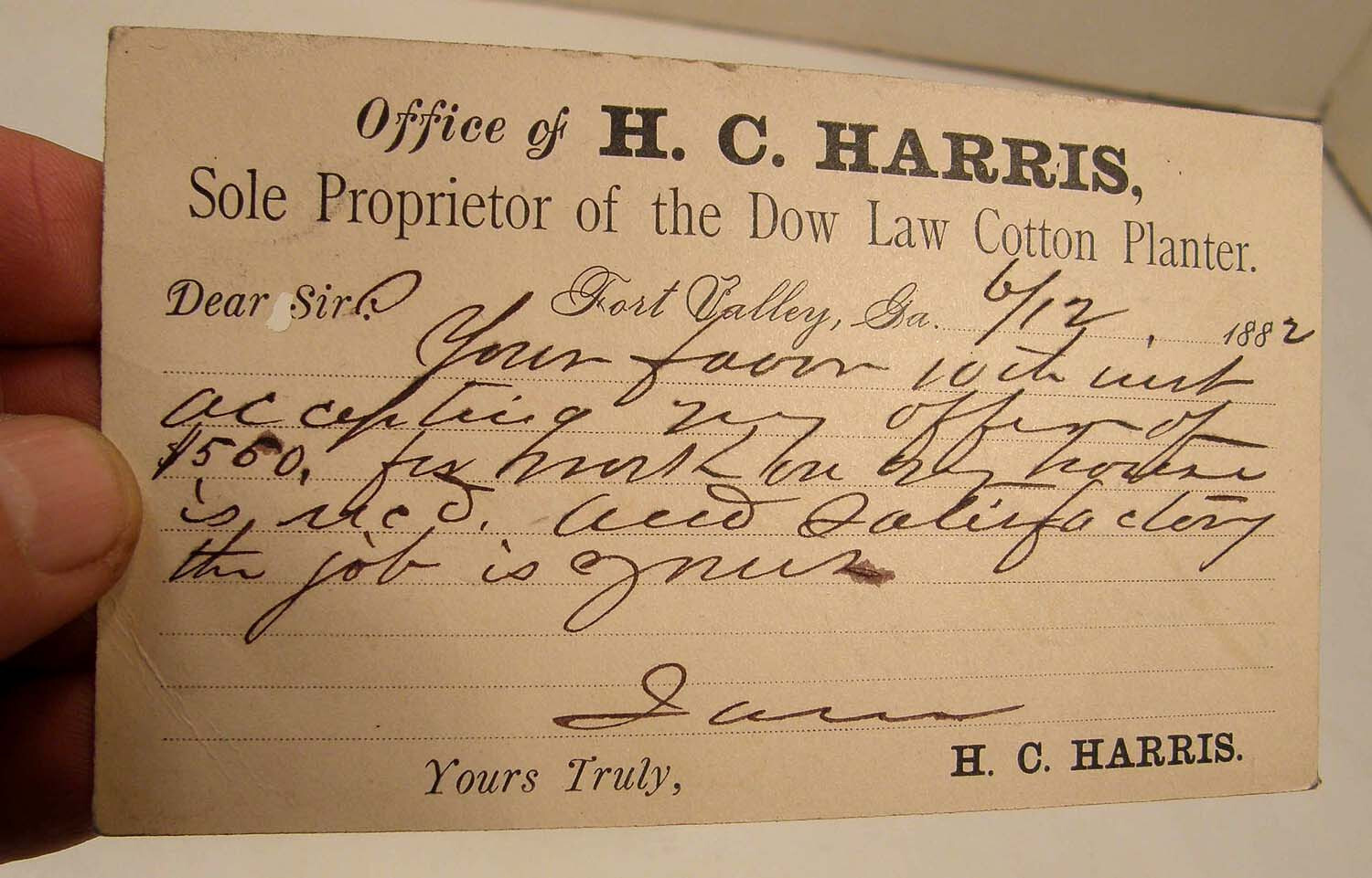 ANTIQUE 1882 POSTCARD H C HARRIS DOW LAW COTTON SEED PLANTER FORT VALLEY GA