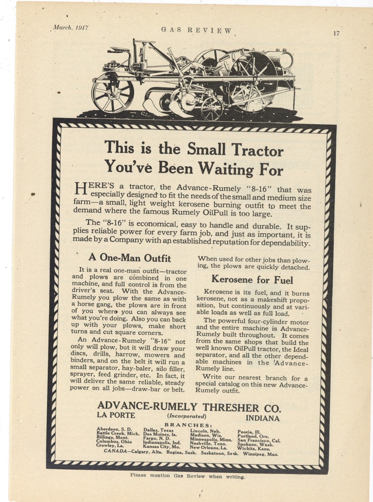 1917 Advance Rumely Thresher Co. Ad: Model 8-16 Kerosene Tractor – La Porte, IN