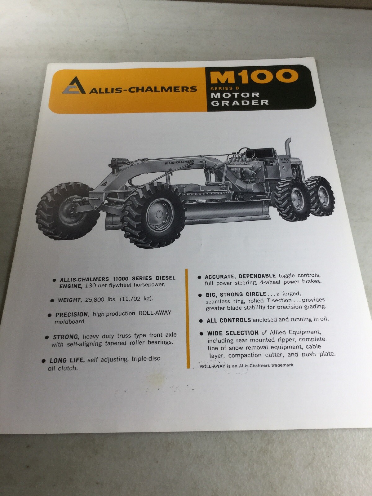 Allis Chalmers M100 Series B (M100B) Motor Grader Sales Brochure, Literature