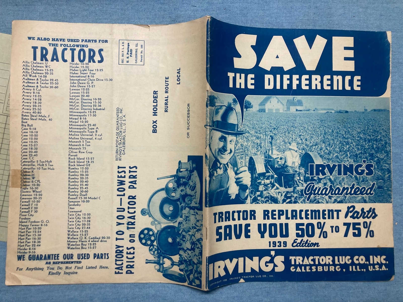 1939 IRVING&rsquo;S TRACTOR LUG REPLACEMENT PARTS GALESBURG ILLINOIS FARMING CATALOG