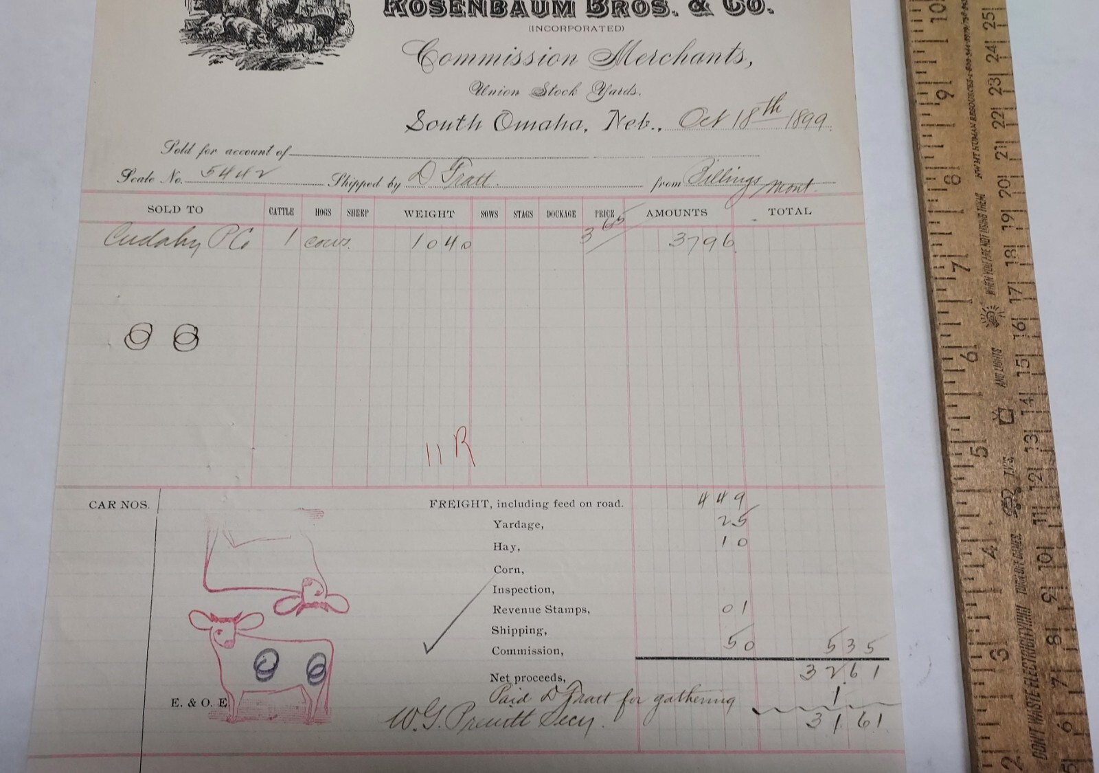 1899 ROSENBAUM BROS & CO Commission Merchants – RECEIPT – listing #7446
