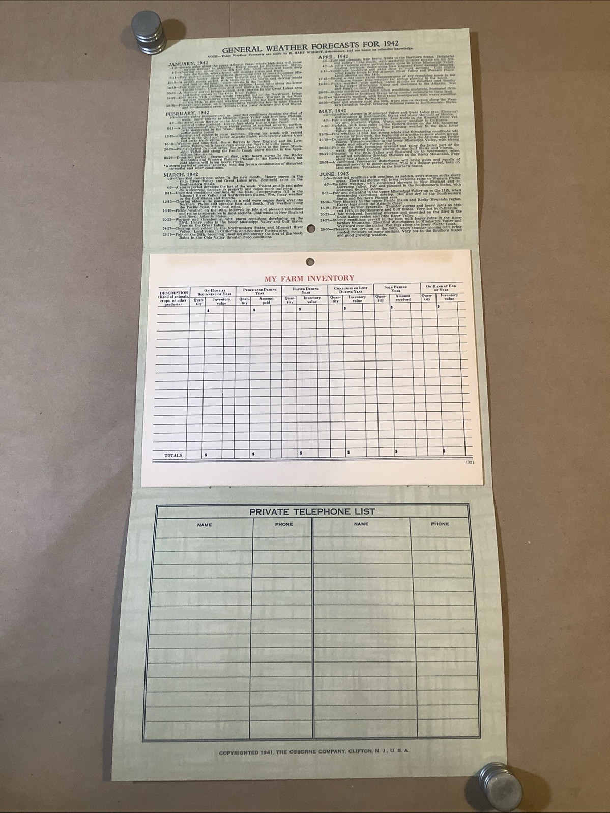 1942 Muntz-McLaughlin Co. Farm Inventory Telephone Chart Holgate OH INV-P0007