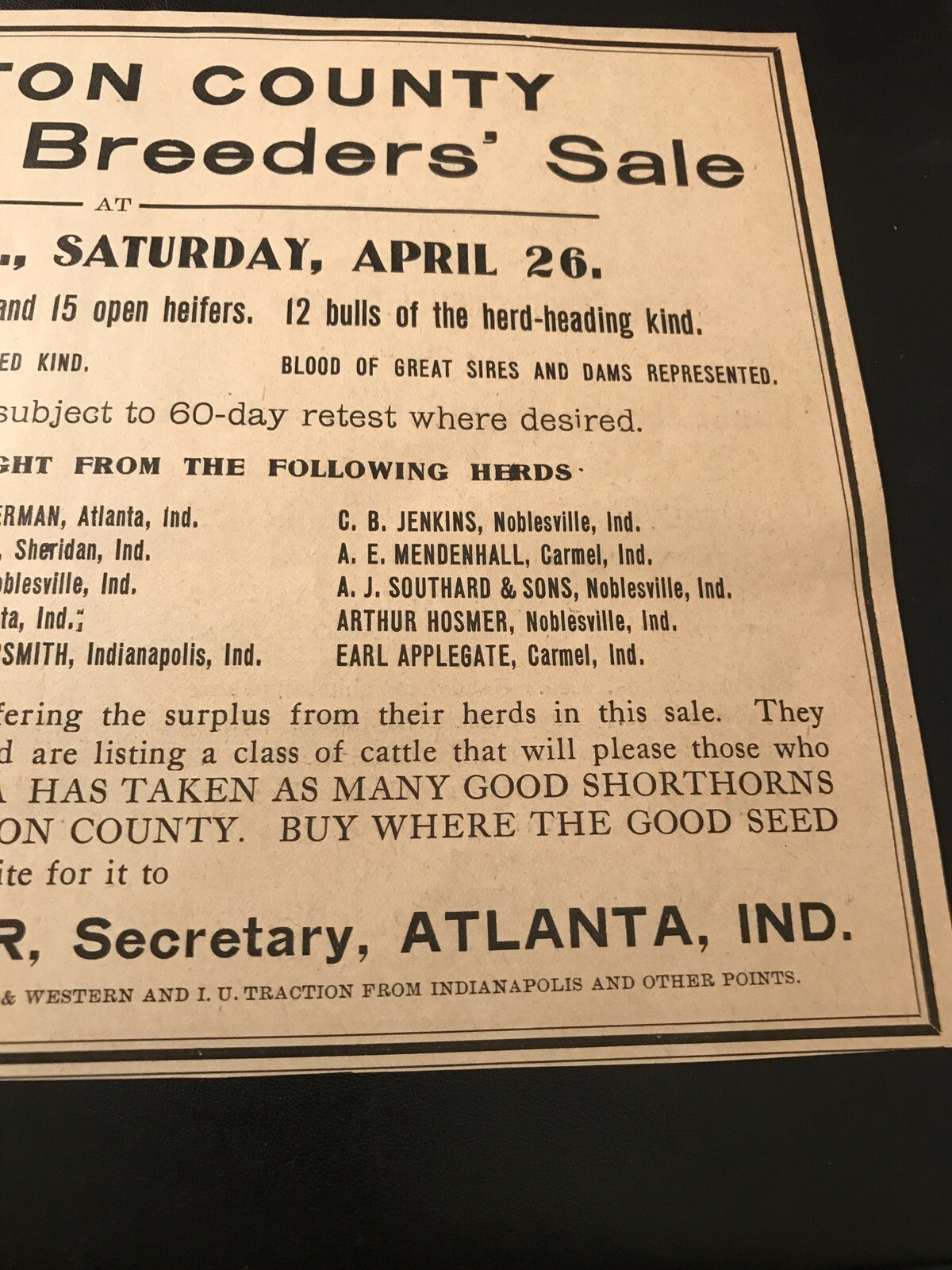 1919 Shorthorn Breeders Cattle Public Sale – Cow – Noblesville – Indiana