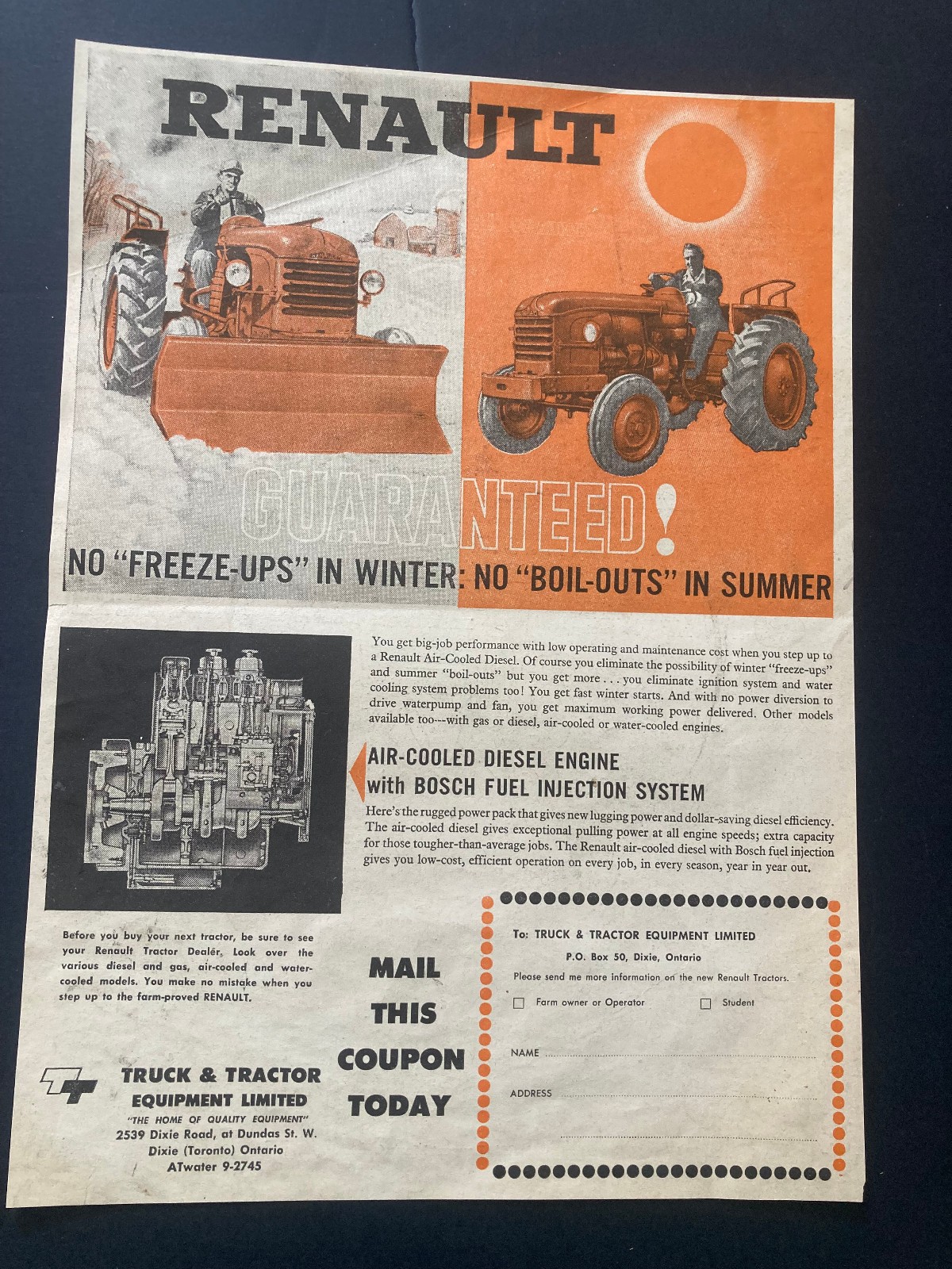 RARE 1961 CANADIAN RENAULT TRACTOR AD CANADA SNOW PLOW
