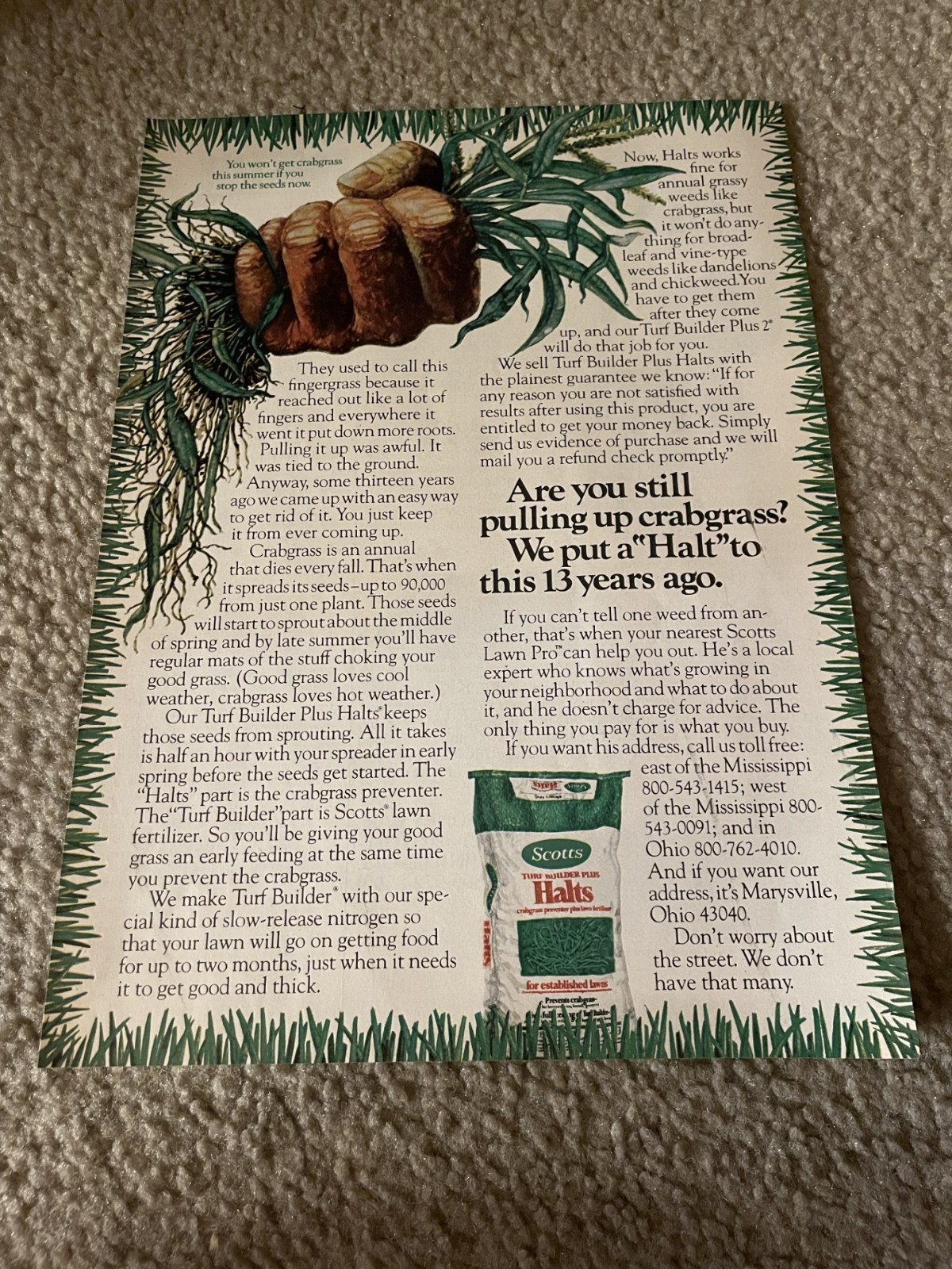 Vintage 1978 SCOTTS SCOTT&rsquo;S TURF BUILDER PLUS HALTS FERTILIZER Print Ad 1970s