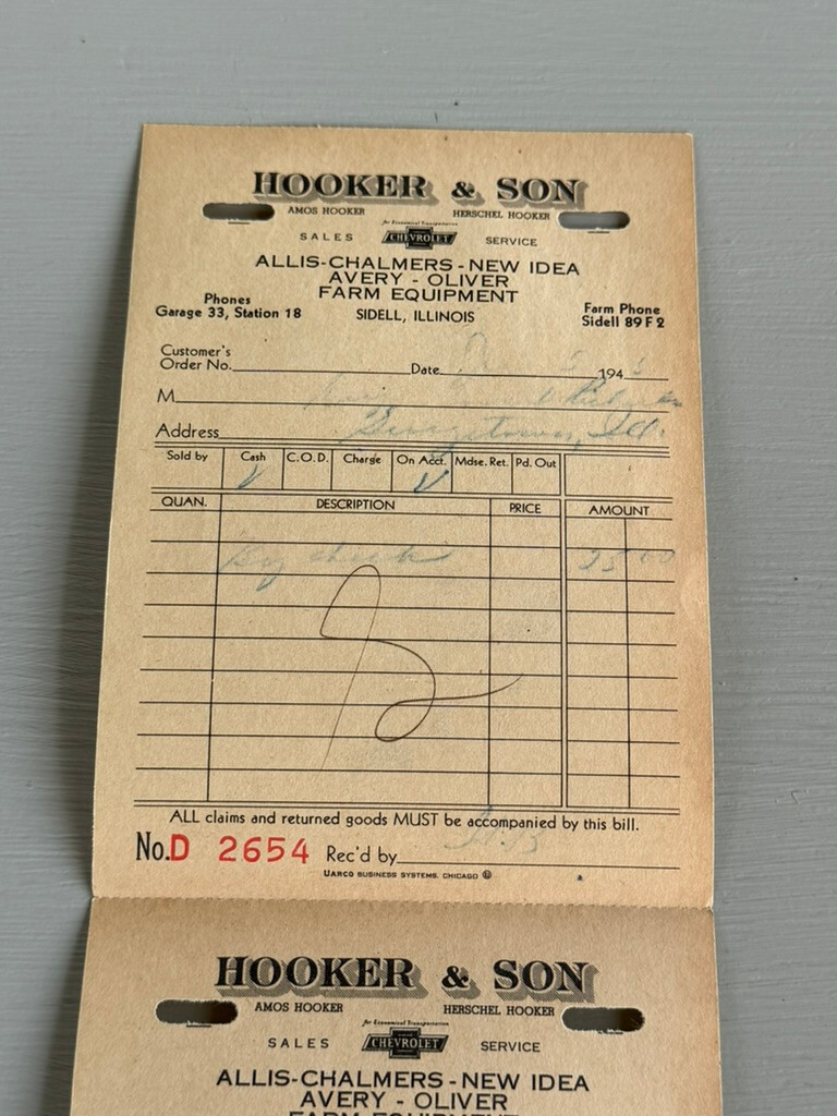VTG Sidell IL Receipts Chevrolet Allis Chalmers New Idea Avery Oliver Farm Equip