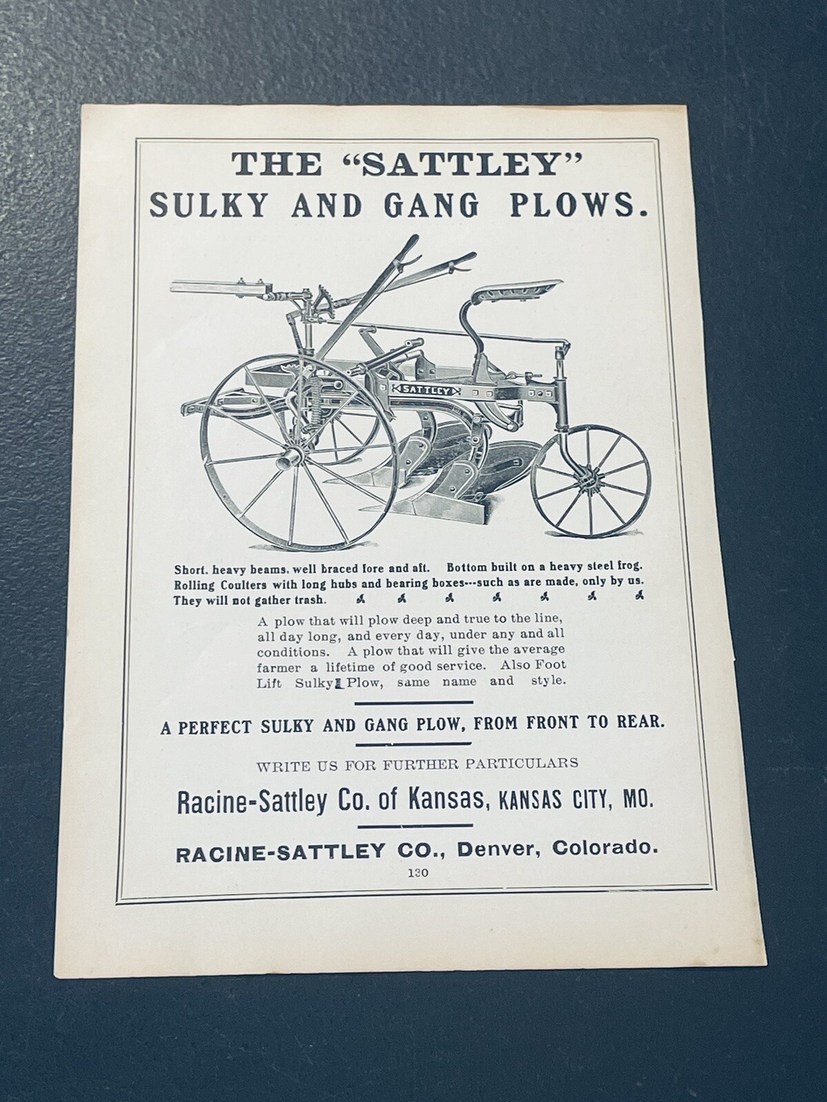 ORIGINAL 1907 The Sattley Plow Farm Implement Advertising