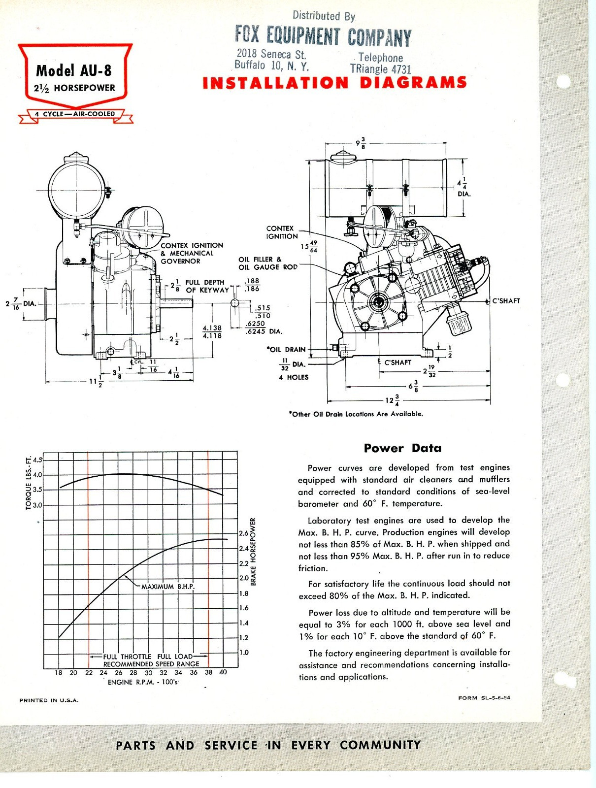Continental Red Seal Air Cooled 2&1/2 HP Engine model AU-8 1954 sales brochure