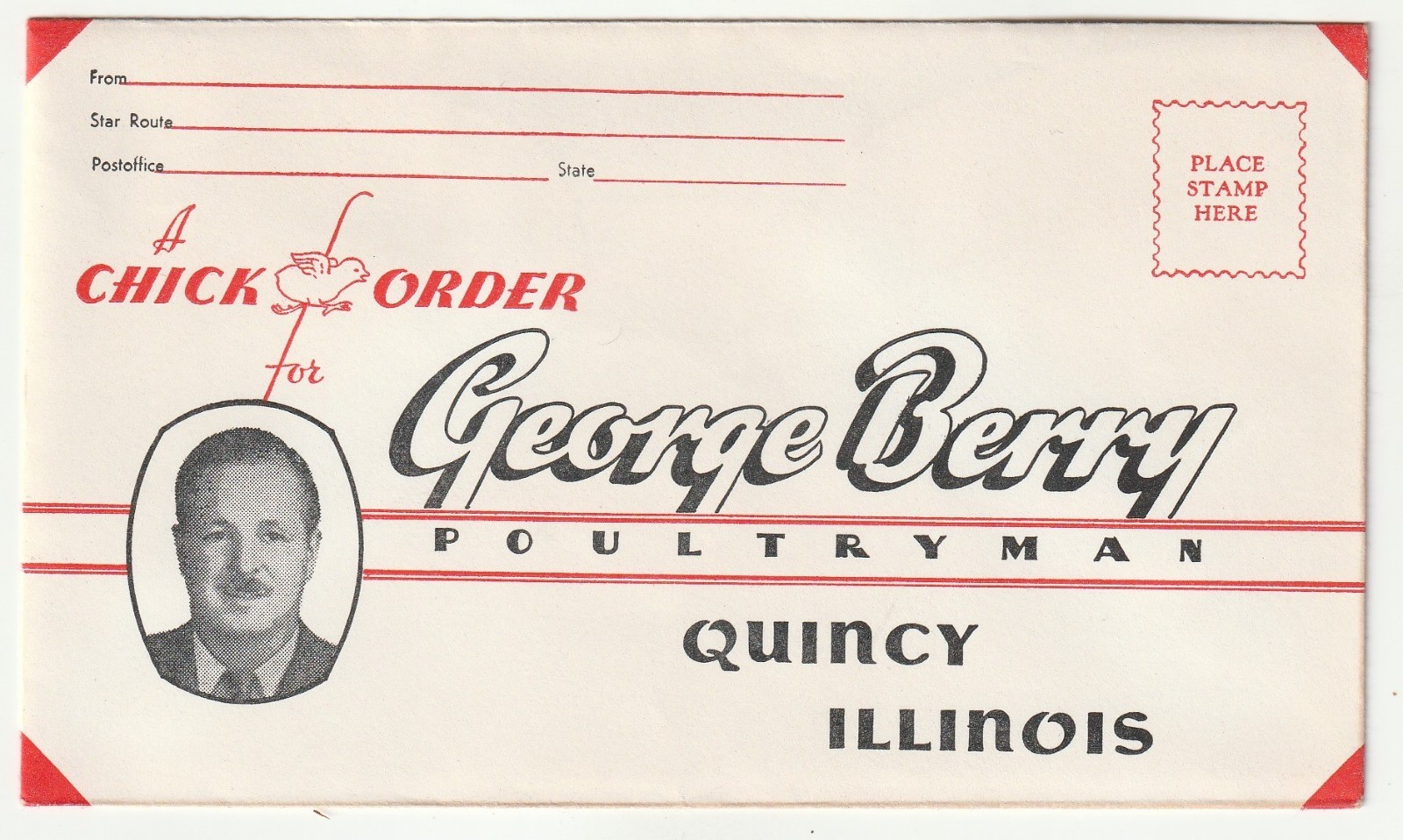 1940&rsquo;S ENVELOPE – CHICK ORDER – GEORGE BERRY POULTRYMAN – QUINCY ILLINOIS