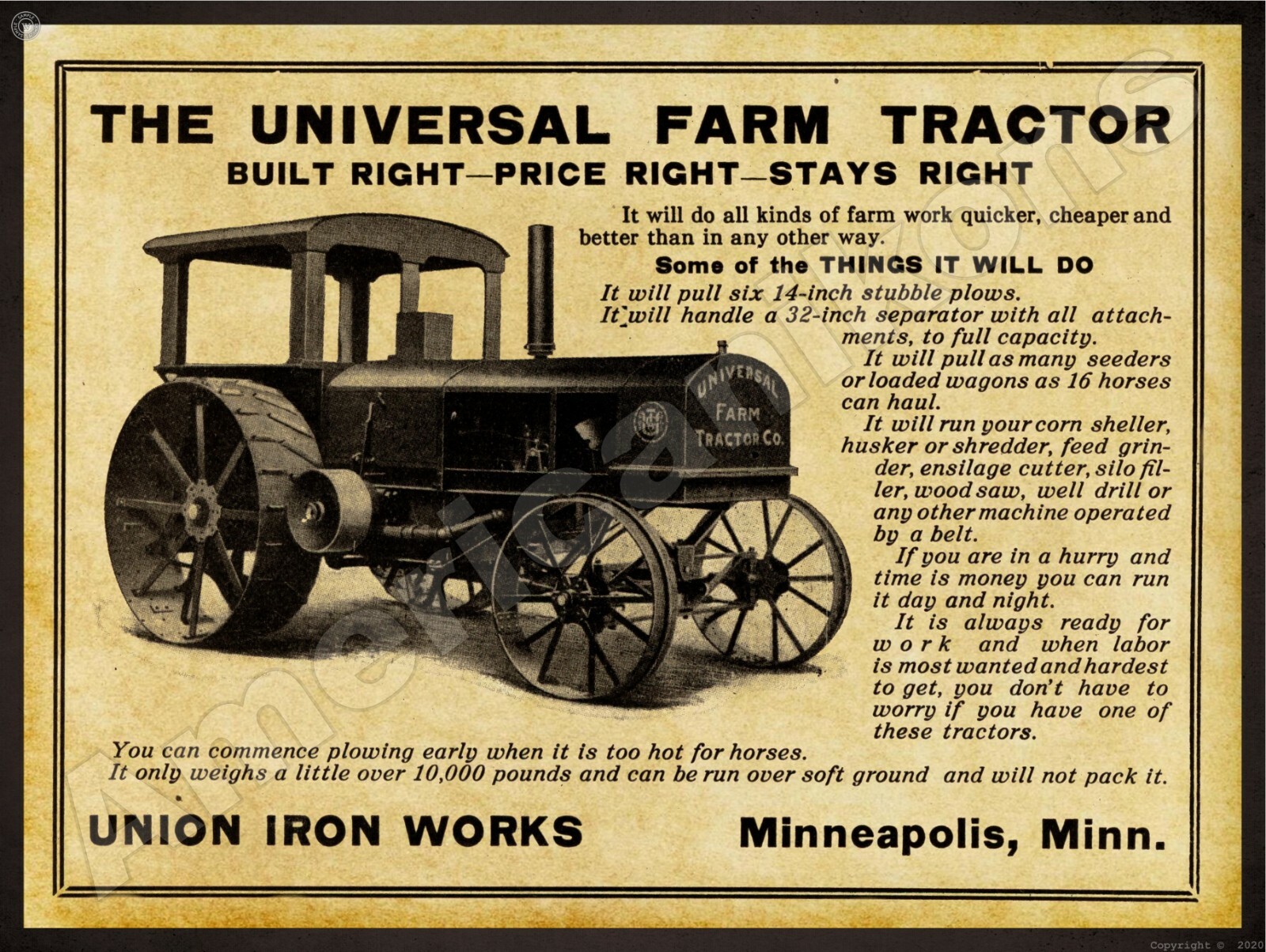 1912 Universal Farm Tractor NEW Metal Sign 24&Prime;x30&Prime; USA STEEL XL Size 7 lb