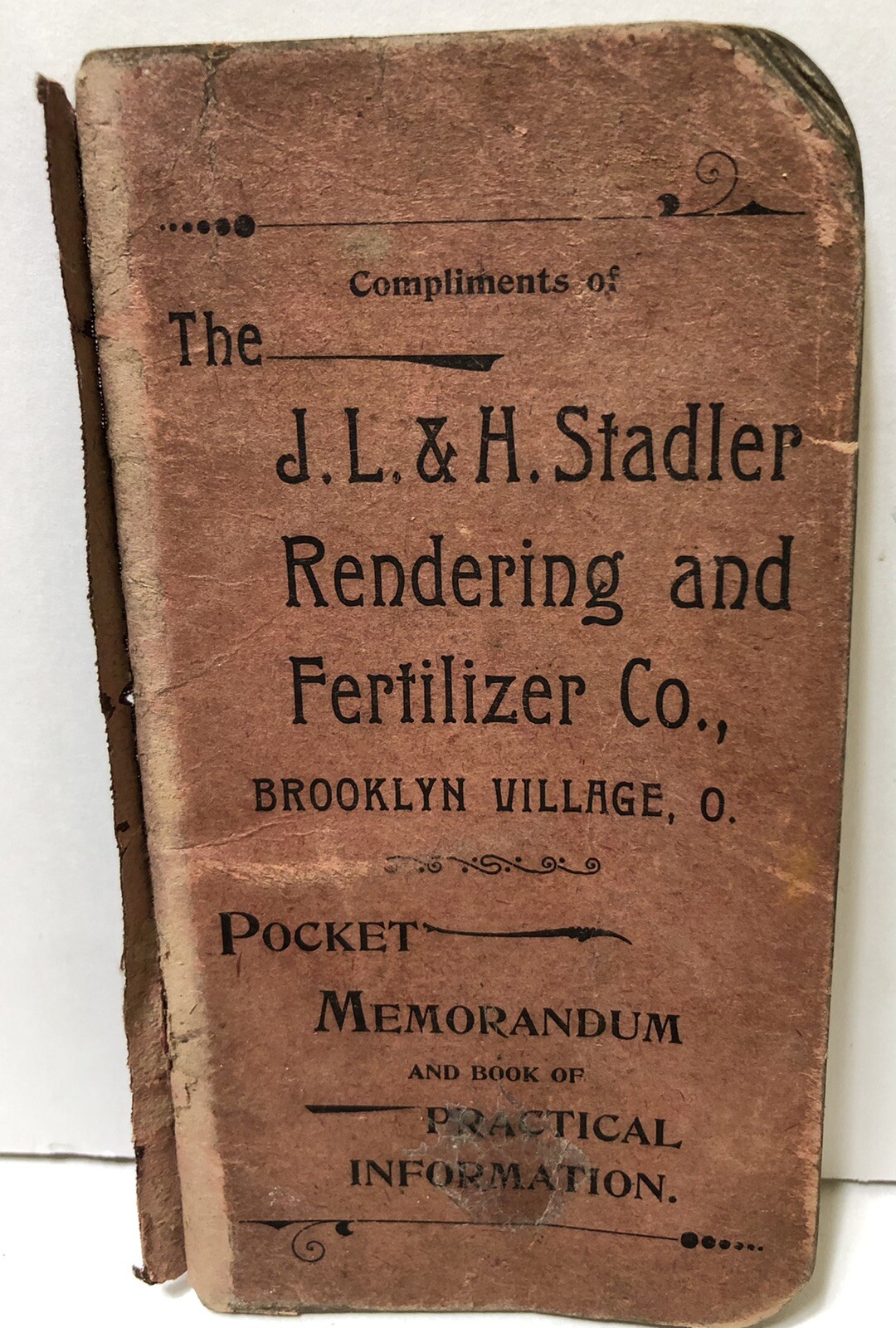 Rare Antique 1894 J L and H STADLER RENDERING CO Note Pad BROOKLYN VILLAGE OHIO