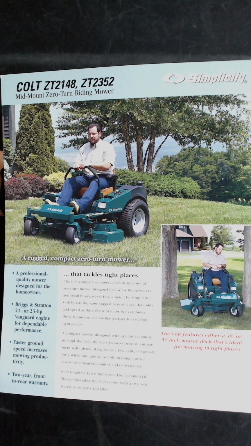 Simplicity Colt ZT2148 ZT2352 Brochure Mid-Mount Zero-Turn Mower 2001