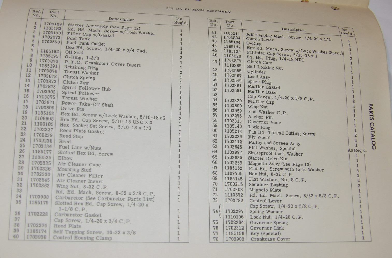 VINTAGE 1950s BOLENS ENGINE OWNER MANUAL & PARTS LIST/CATALOG! 375 BA 01/BB 01