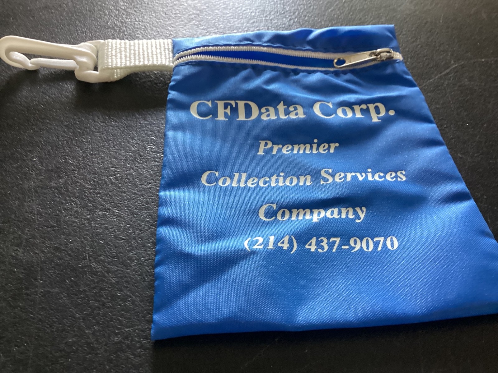 CF Data Corp. Blue Nylon Zipper Clip on Carry Pouch Advertisement Item