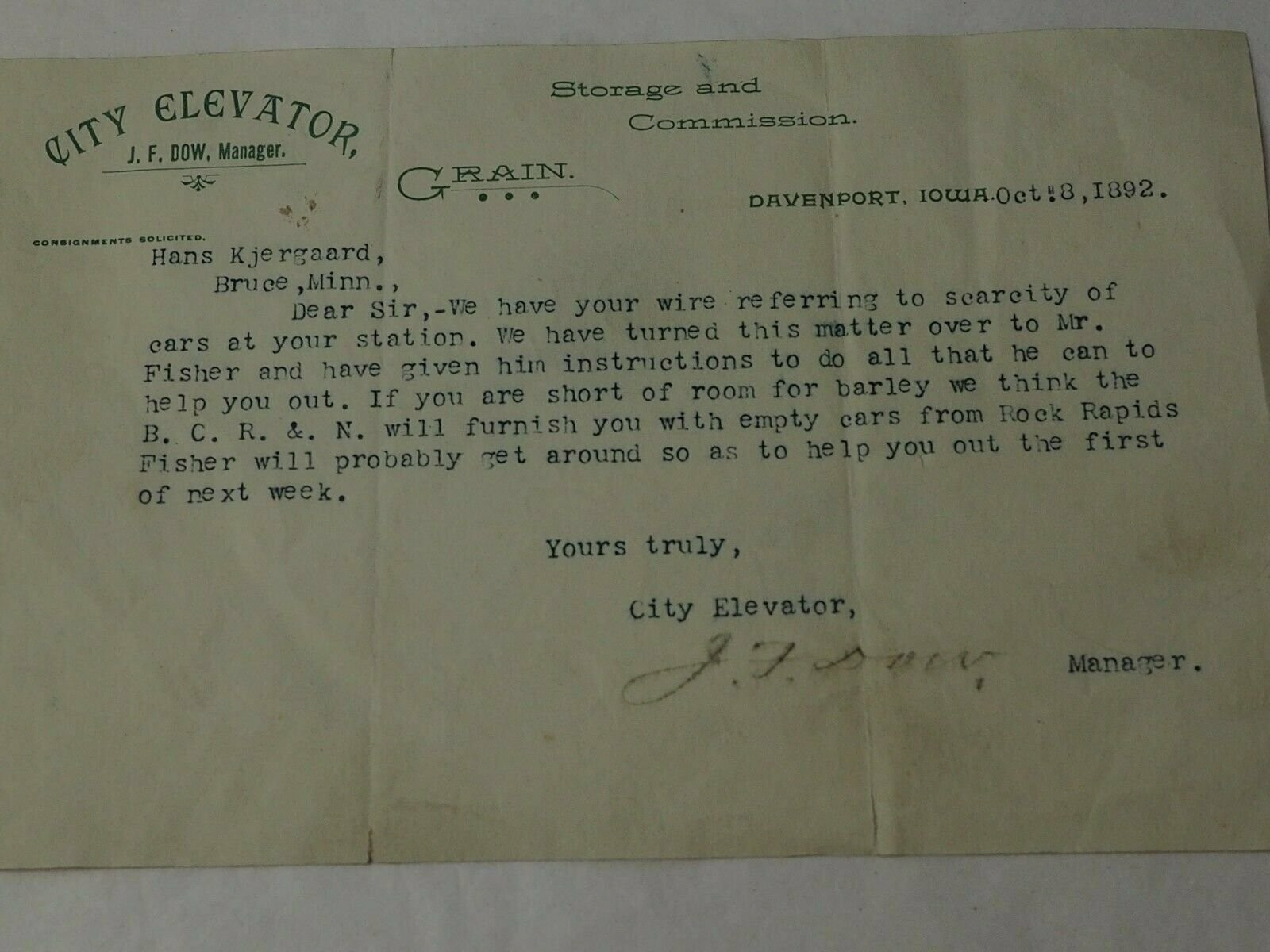 CITY ELEVATOR Grain.Letter J.F.DOW signed DAVENPORT Iowa 1892