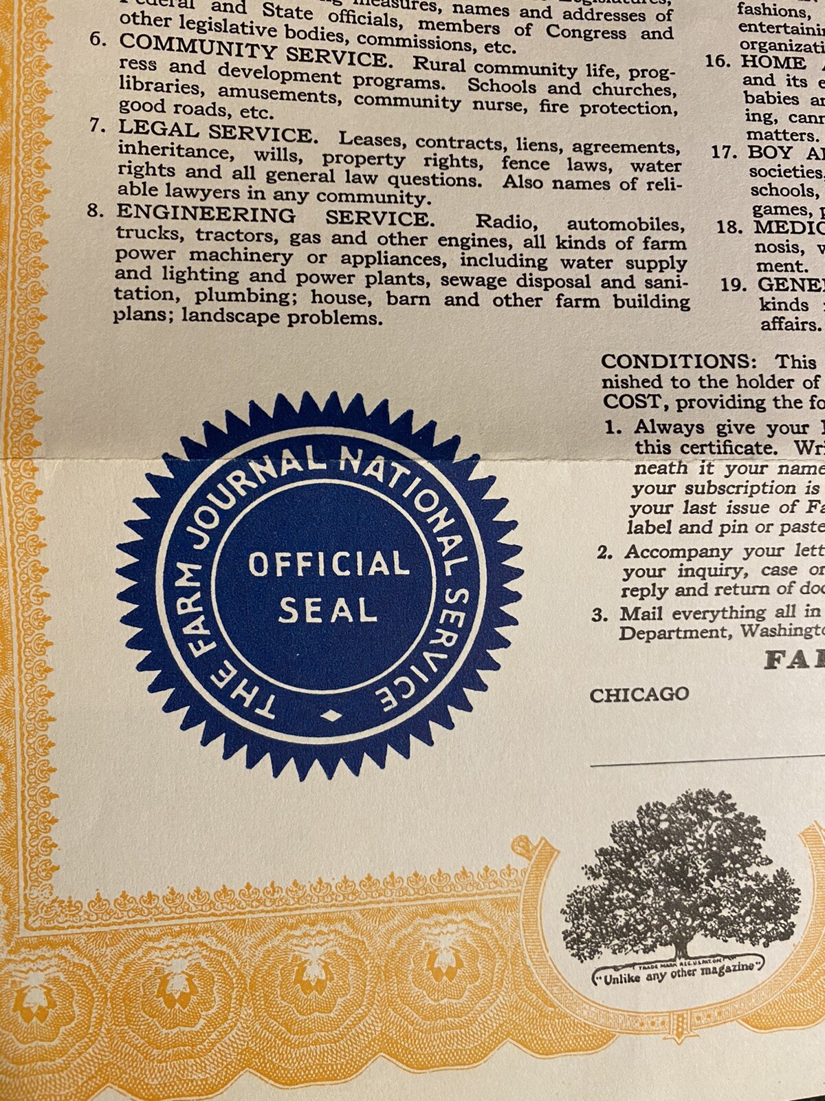 VINTAGE FARM JOURNAL NATIONAL SERVICE DOCUMENT CERTIFICATE OF PRIVILEGE UNUSED