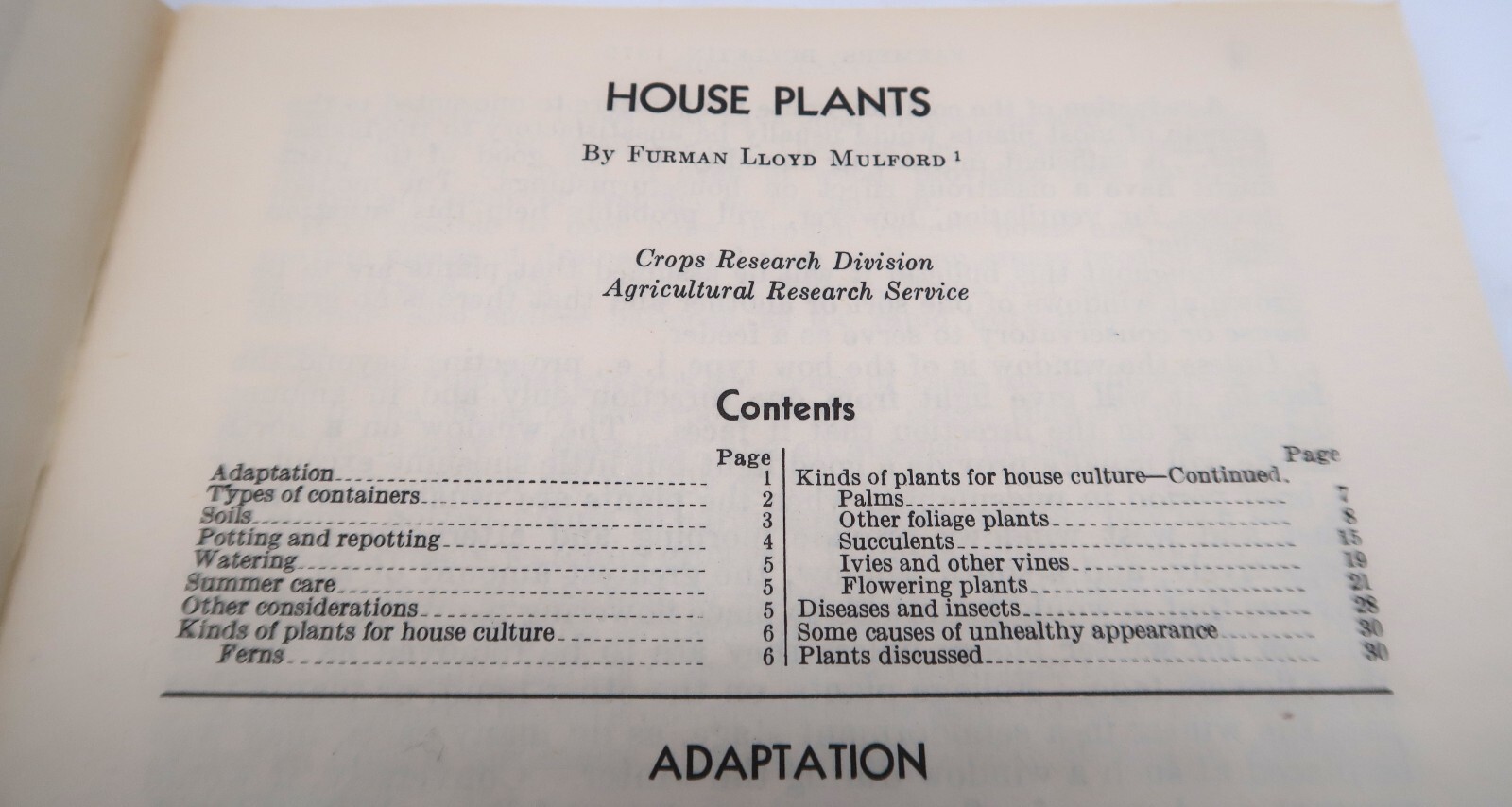 1941 USDA Farmers&rsquo; Bulletin No. 1872 House Plants Ephemera Furman Lloyd Mulford