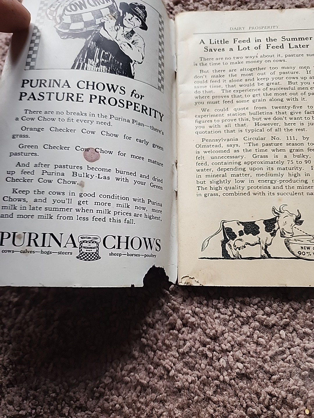 Vintage 1929 Dairy Prosperity Book By Purina And 1948 MILK Bacteria Flyer