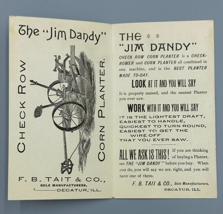 1880s JIM DANDY Tait FARM MACHINERY Advertising Folding Trade Card DECATUR Ill