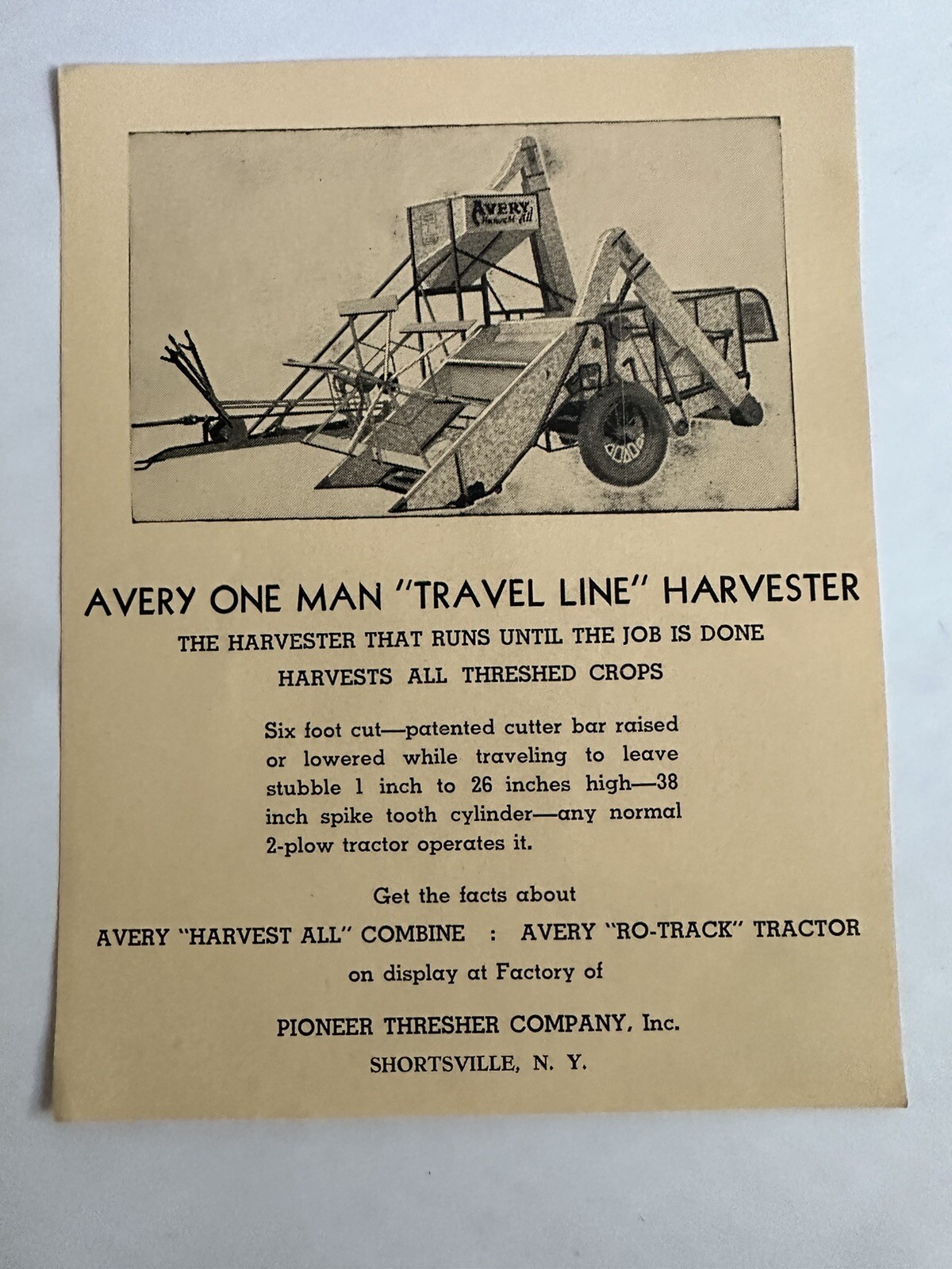 Vintage Avery HARVESTER Advertising Flyer Pioneer Thresher Shortsville NY B3