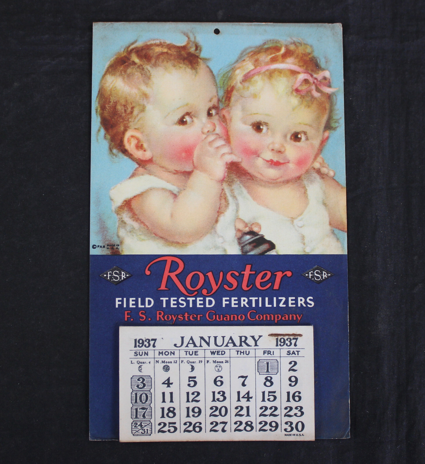 1937 ROYSTER FIELD TESTED FERTILIZERS ADVERTISING CALENDAR, FS ROYSTER GUANO CO.