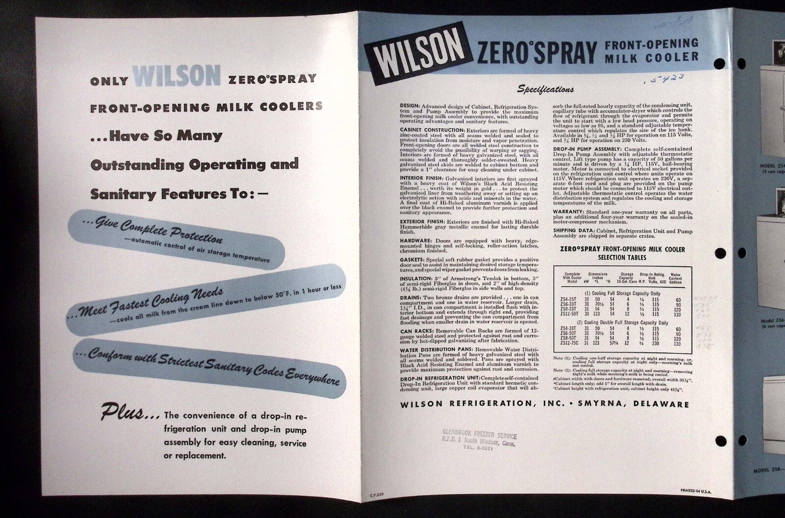 1950s Wilson Zero Spray Front Opening Milk Coolers Wilson Refrigeration Brochure