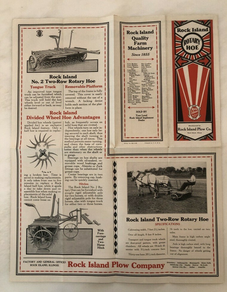 1930 ROCK ISLAND PLOWS Rotary Hoe FARM ADVERTISING Antique Brochure Poster