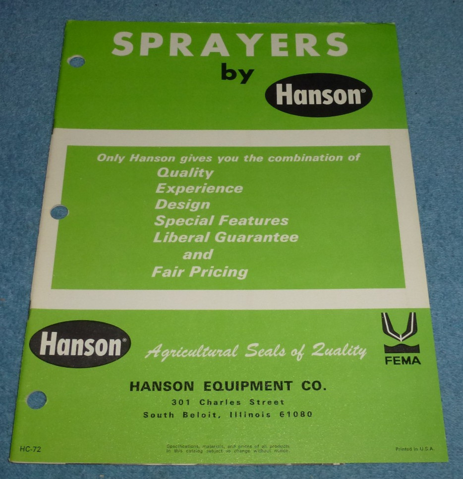 Vintage 1972 Hanson Equipment Co Sprayers Catalog Brochure Parts List Specs etc