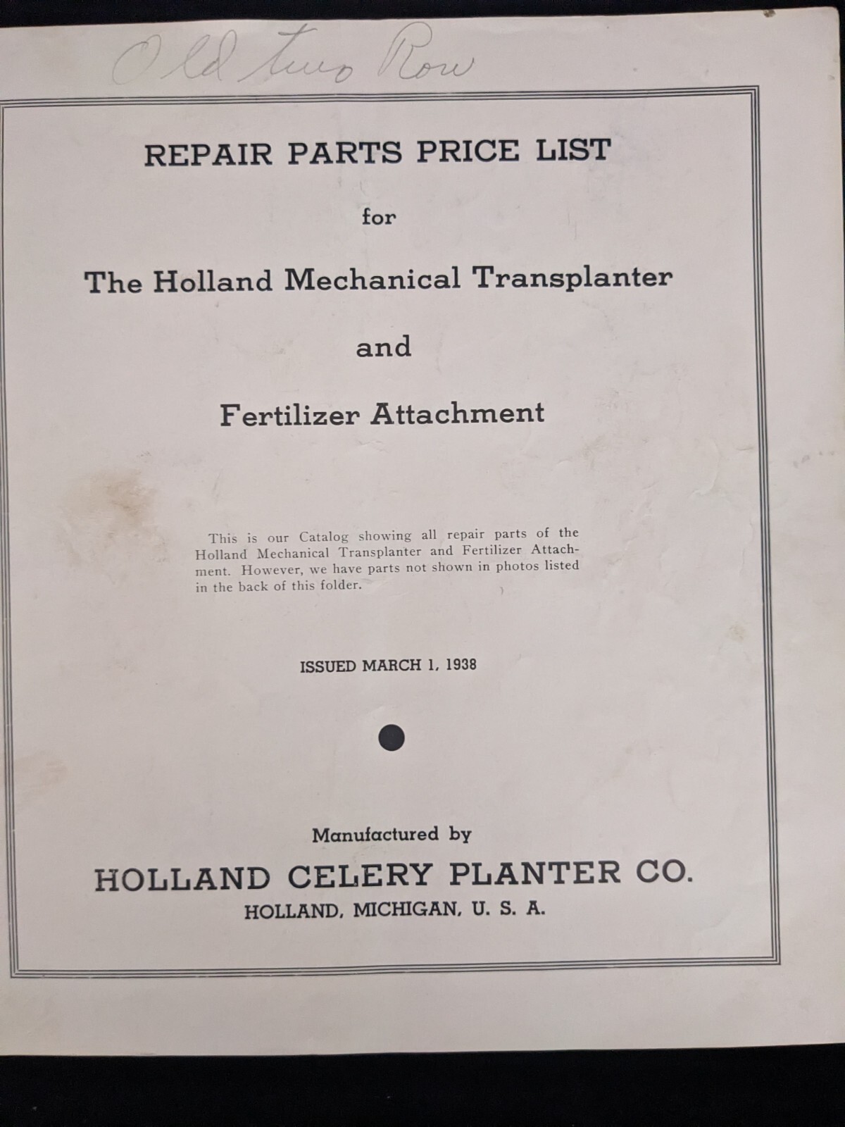 Original 1938 HOLLAND Mechanical Transplanter Operating Instructions Michigan