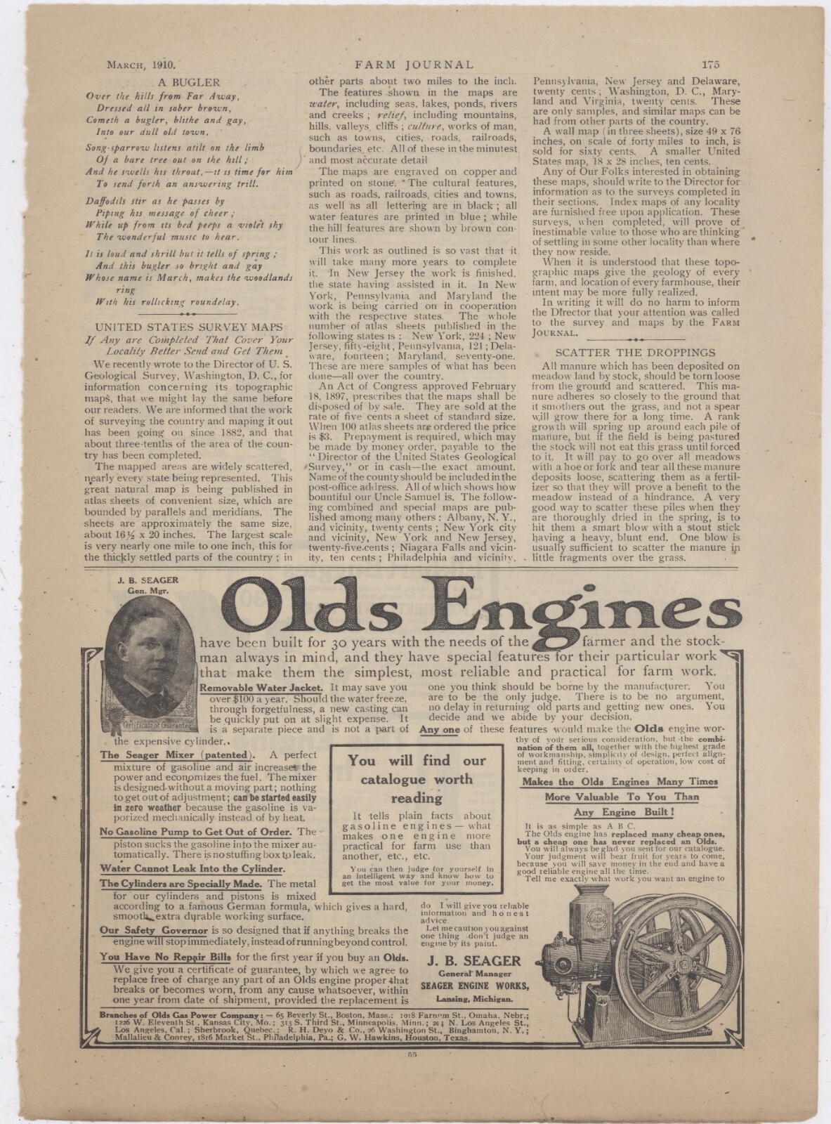 1910 J.B. Seager Ad: Seager Engine Works – The Olds Engine – Lansing, Michigan