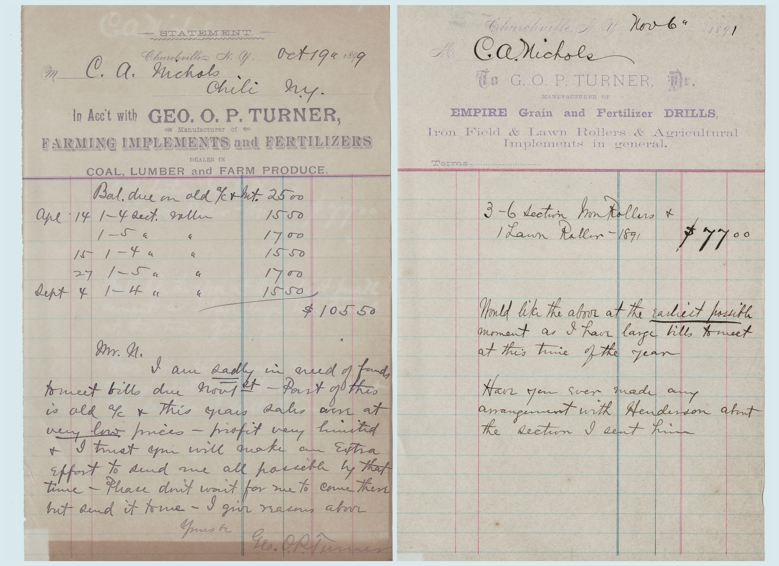 Billhead LOT of 4- Geo Turner Churchville NY 1891+ Signed Letter Farm Implements