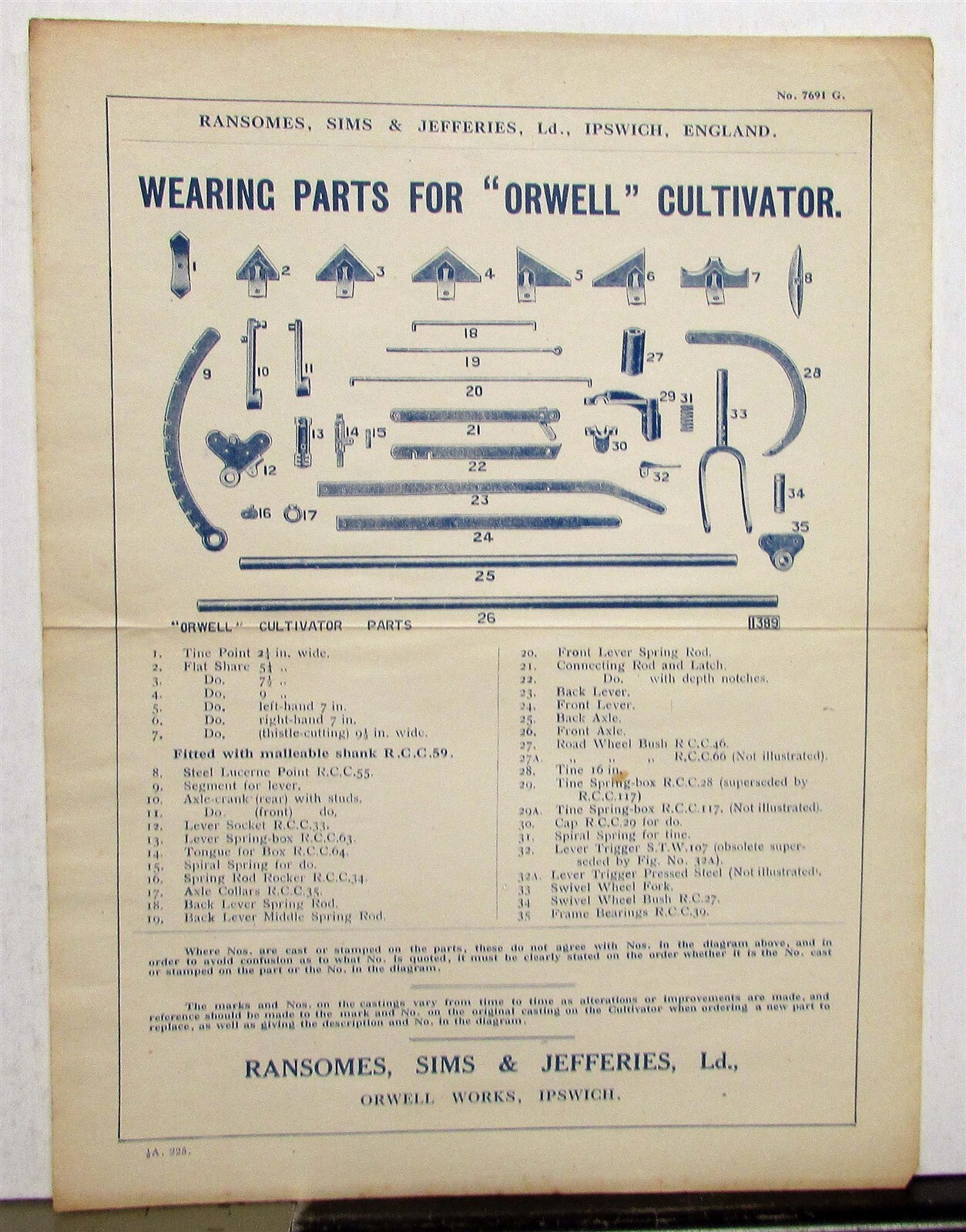 1925 Ransomes Sims & Jeffries Orwell Cultivator Specs Agricultural Data Sheet