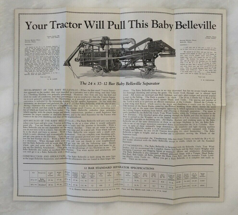 Baby BELLEVILLE THRESHING Antique HARRISON MACHINE WORKS Farm Advertising IL