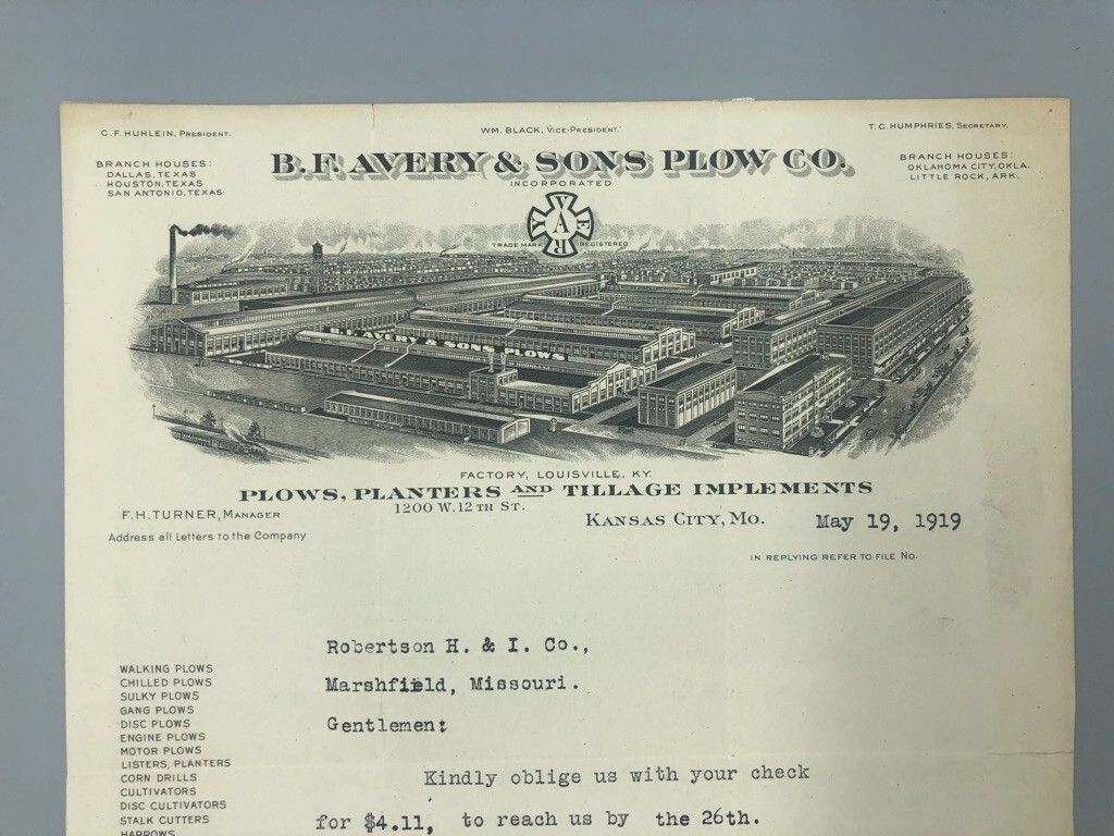 1919 B F AVERY PLOW Co Antique Letter FARM Advertising KANSAS CITY MO