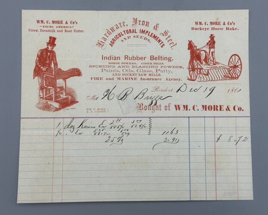 1861 Civil War Era KNIVES Billhead FARM Advertise RONDOUT NY Buckeye Horse Rake