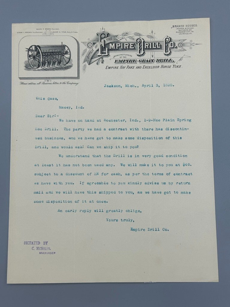 1895 EMPIRE GRAIN DRILL Farm Advertising Illustrated Letterhead Antique
