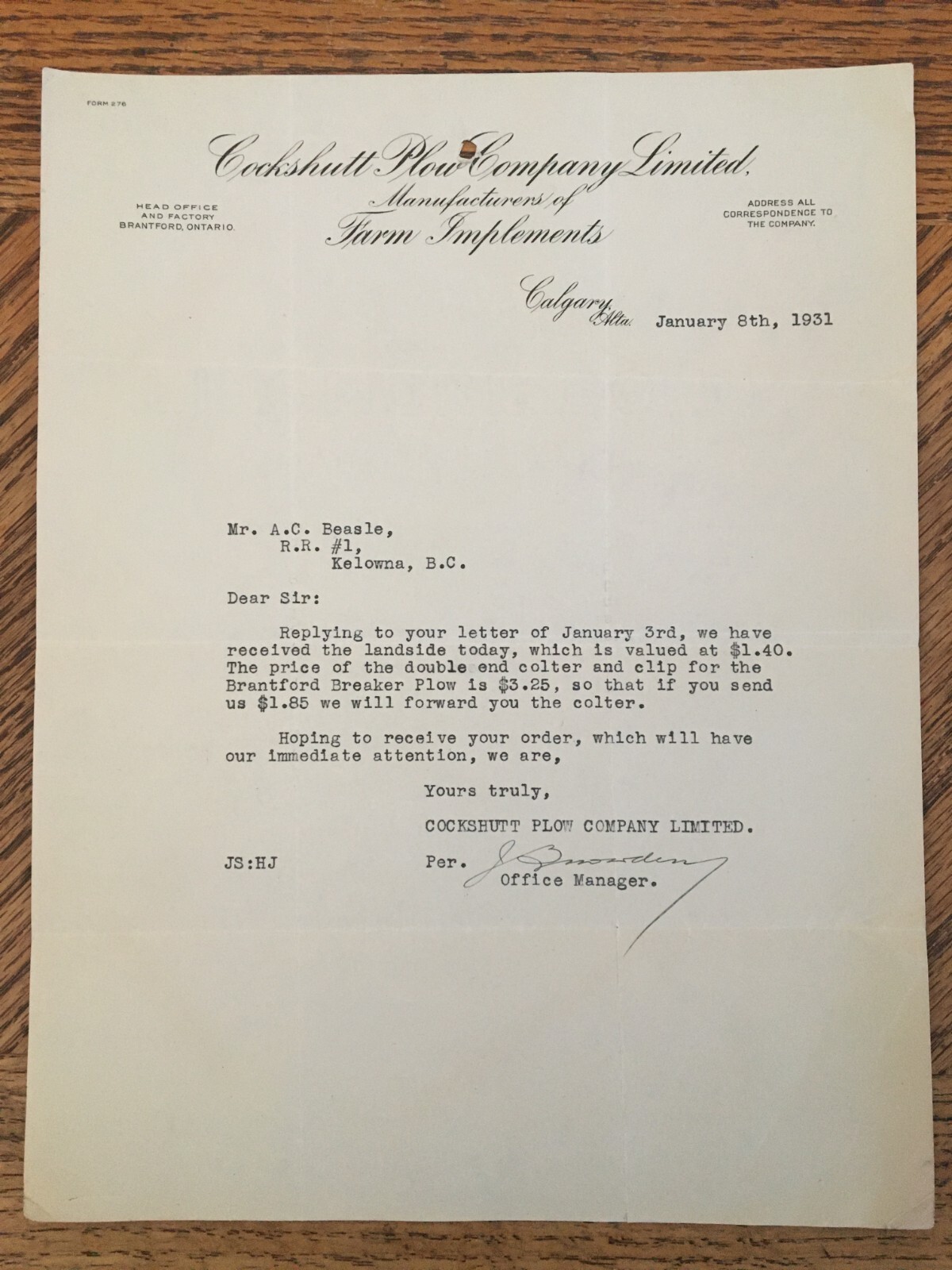 Cockshutt Plow Co Farm Machinery Letter Receipt 1931 Kelowna BC Cattle Ranch