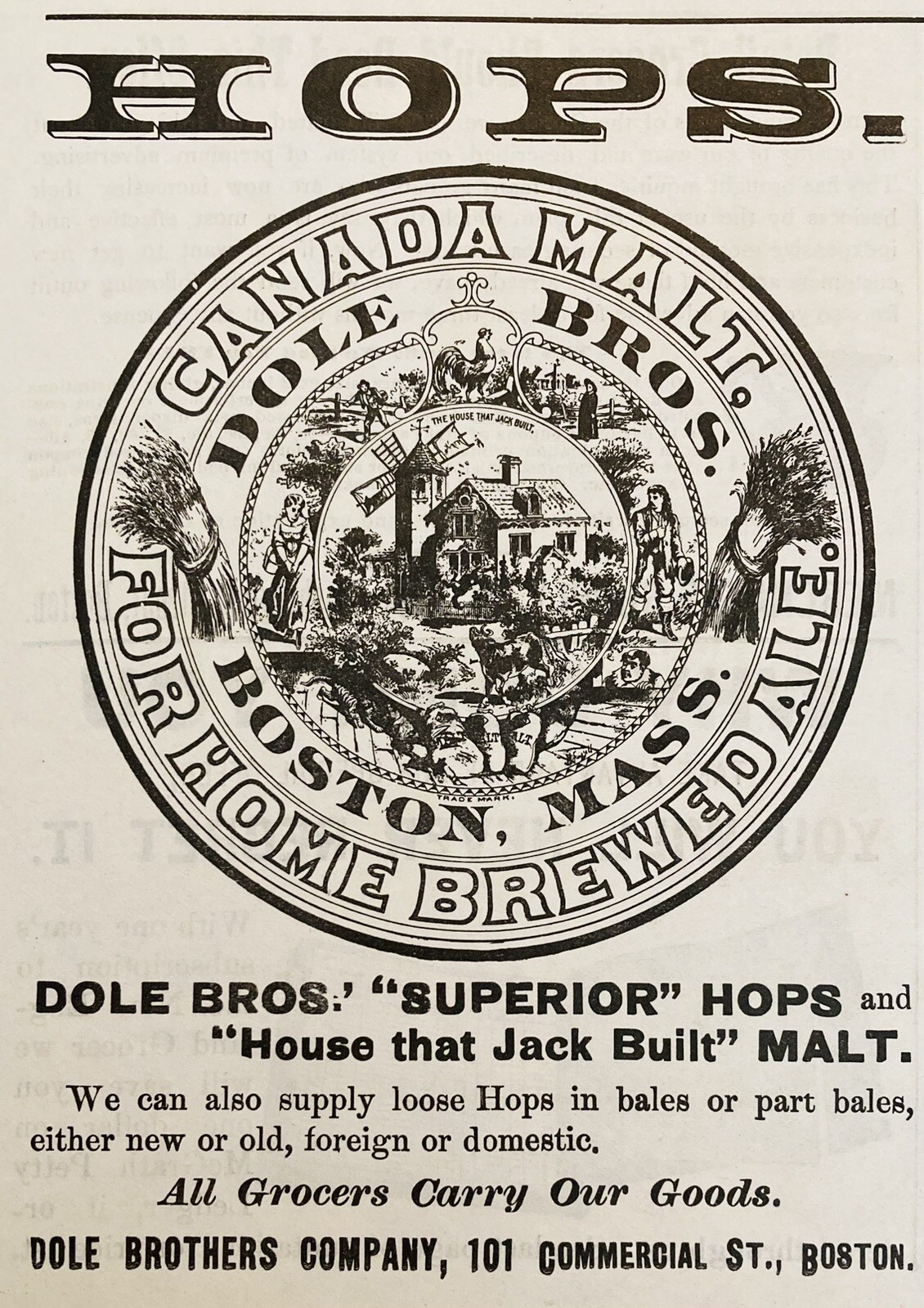 1899 AD.(XH63)~DOLE BROS. CO. BOSTON. CANADA MALT FOR HOME BREWED ALE